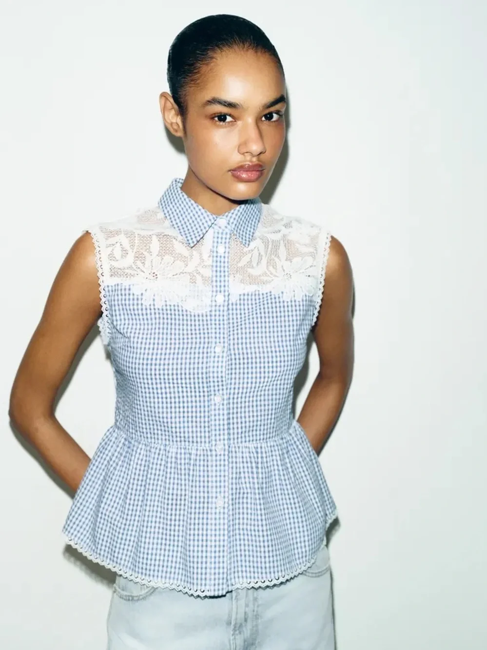 ZARA COMBINATION GINGHAM BLOUSE